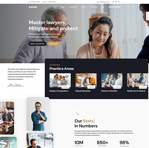 Portfolio of a lawyer WordPress theme design showcased.