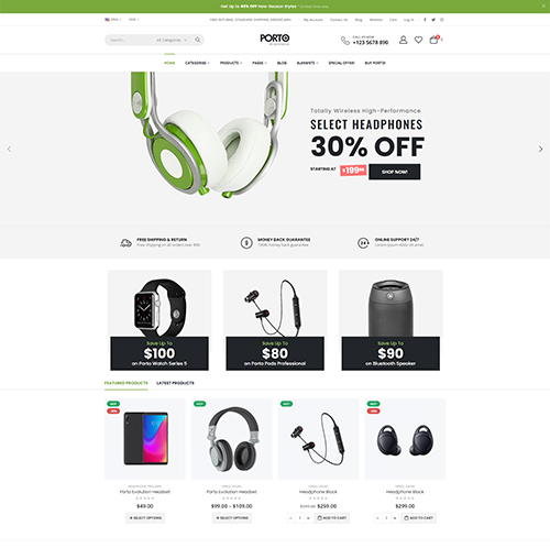 Store page featuring headphones and various accessories displayed.