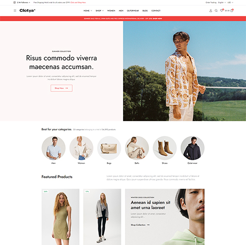 Website design for a clothing store showcasing branding.