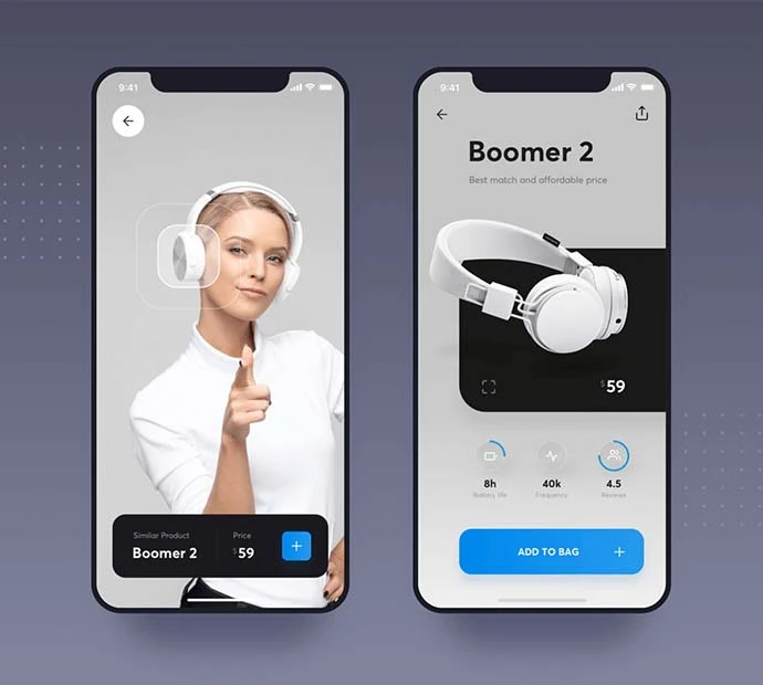 Two iPhones displaying the Boomer 2 app, showcasing graphic design portfolio features.