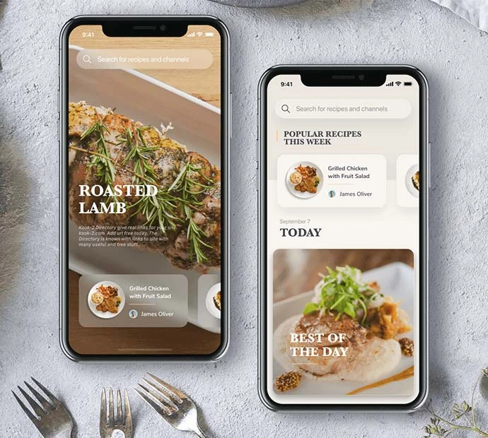 Two iPhones showcasing a restaurant menu in a digital format.