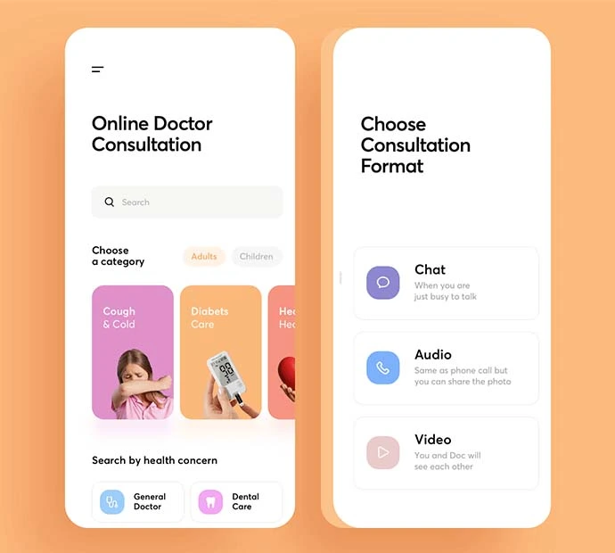 Online doctor consultation app interface displayed on a smartphone.