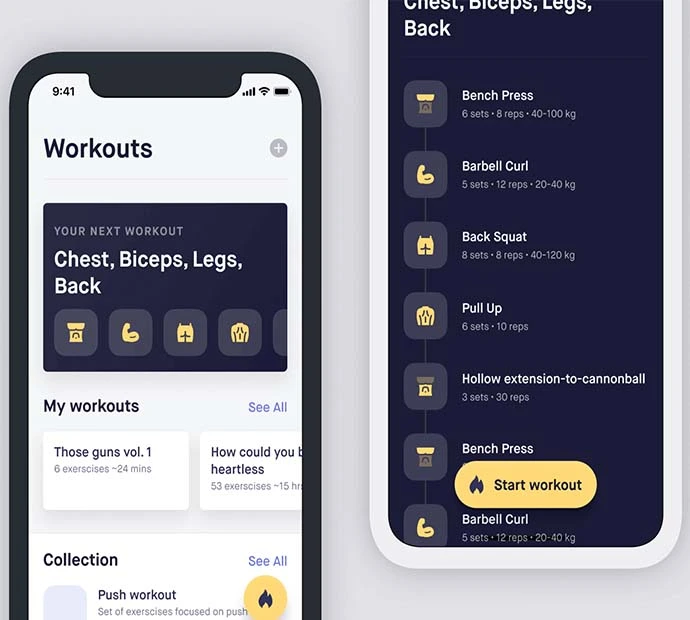 App interface showcasing workout tracking features for fitness enthusiasts.