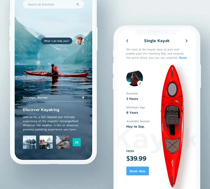 iPhone showcasing a kayak app next to a kayak graphic.