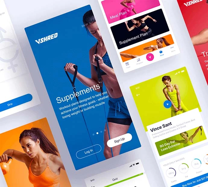 Screens displaying diverse fitness apps in a graphic design portfolio