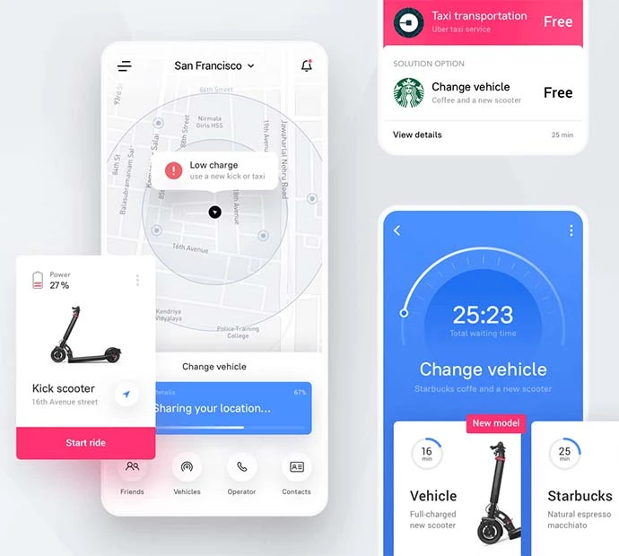 Graphic design portfolio featuring a car, scooter, and charger.