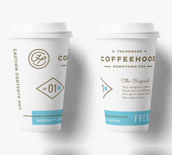 Two stylish coffee cups showcasing the word coffeehood in an eye-catching design.