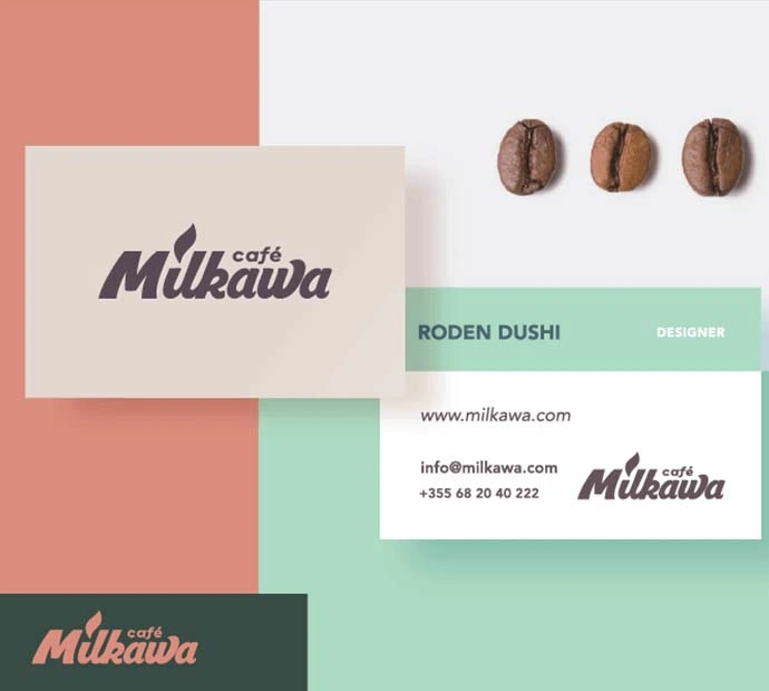 Business card design for Milkava Coffee Shop showcasing graphic design portfolio.