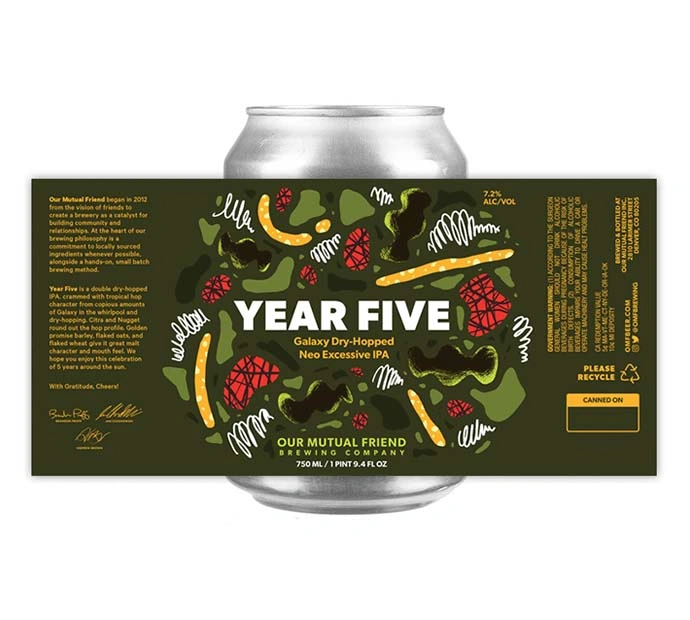 Year five beer can displayed against a vibrant green background, showcasing graphic design creativity.