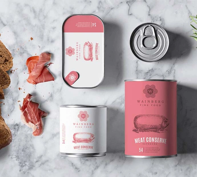 A can of meat and bread displayed on a marble counter.