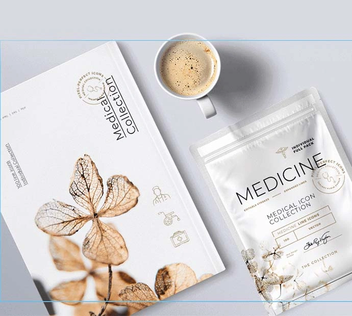 Medicine packaging mockup featuring coffee and a plant arrangement.