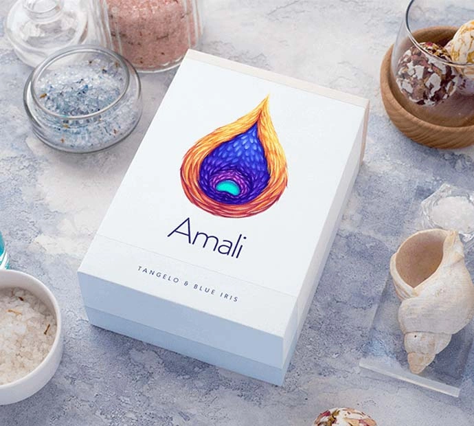 Amali's new packaging design showcased in a graphic designer's portfolio, highlighting innovative and modern aesthetics.